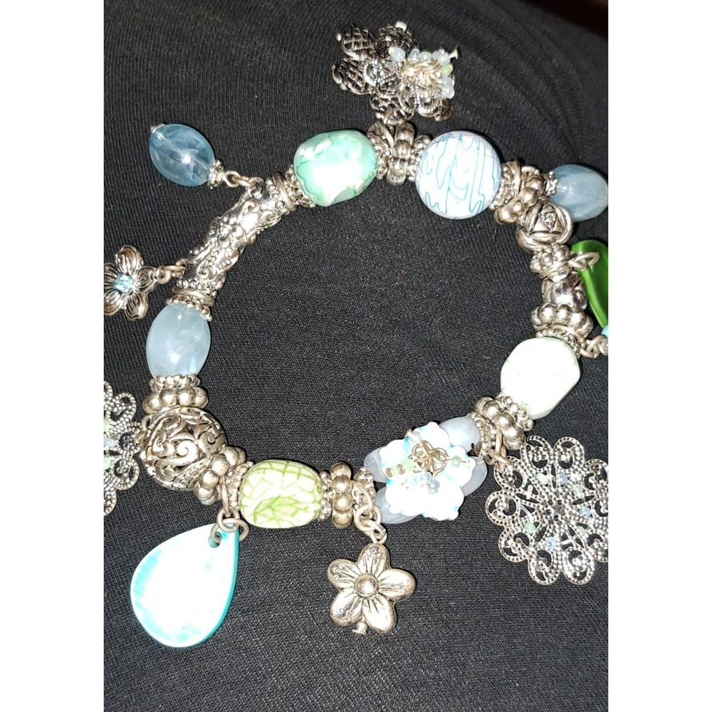 Chunky Stretch Charm Bracelet Silver Tone Blue Green Floral Beaded